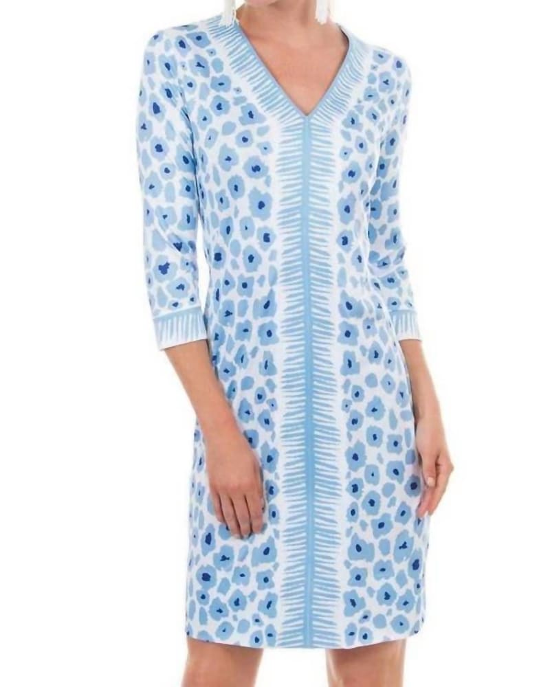 Front of a model wearing a size L Border Town Dress In Wildcat Light Blue in Wildcat Light Blue by GRETCHEN SCOTT. | dia_product_style_image_id:347769